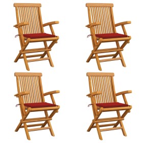 Sedie da Giardino con Cuscini Rossi 4pz Legno Massello di Teak