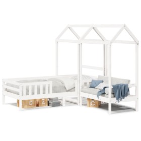 Set Letto e Panca con Tetto Bianco 90x190cm Legno Massello Pino