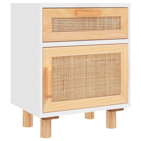 Comodini 2 pz Bianchi Legno Massello di Pino e Rattan Naturale