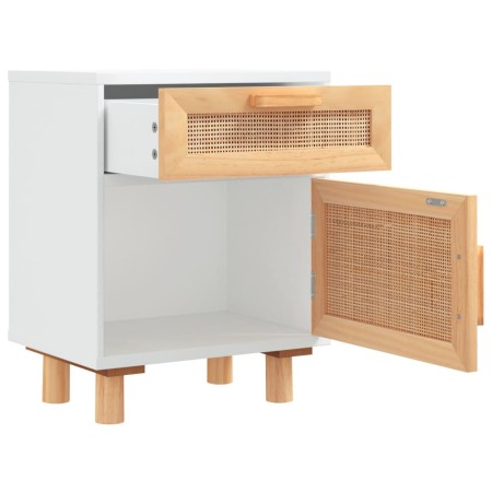 Comodini 2 pz Bianchi Legno Massello di Pino e Rattan Naturale