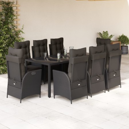 Set da Pranzo da Giardino 9 pz con Cuscini Nero in Polyrattan