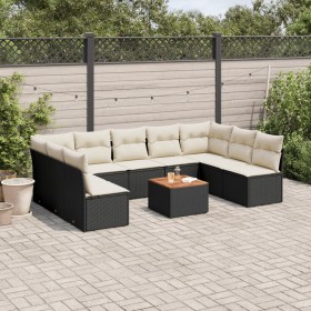 Set Divani da Giardino 10pz con Cuscini in Polyrattan Nero