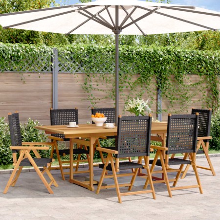 Set Pranzo Giardino 7 pz Nero in Polyrattan e Legno Massello