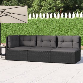 Set Divani da Giardino 3 pz con Cuscini Nero in Polyrattan