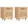 Comodini 2 pz Marroni Legno Massello di Pino e Rattan Naturale