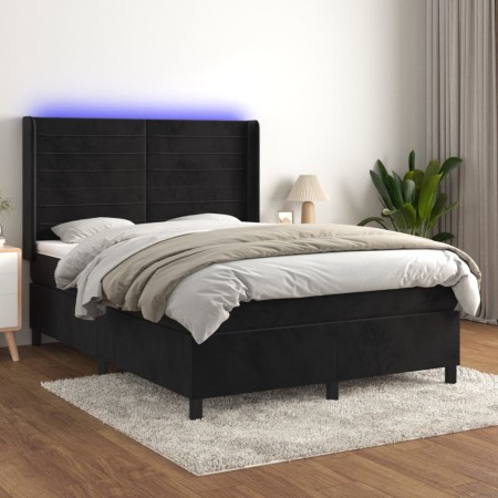 Letto a Molle con Materasso e LED Nero 140x200 cm in Velluto