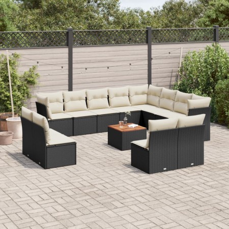 Set Divani da Giardino 13pz con Cuscini Nero in Polyrattan