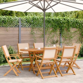 Set Pranzo da Giardino 7 pz Beige in Tessuto e Legno Massello