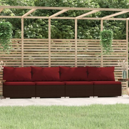 Divano a 4 Posti con Cuscini in Polyrattan Marrone