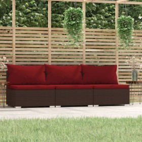 Divano a 3 Posti con Cuscini in Polyrattan Marrone