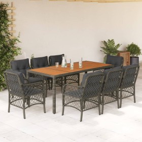 Set da Pranzo da Giardino 9 pz con Cuscini in Polyrattan Grigio