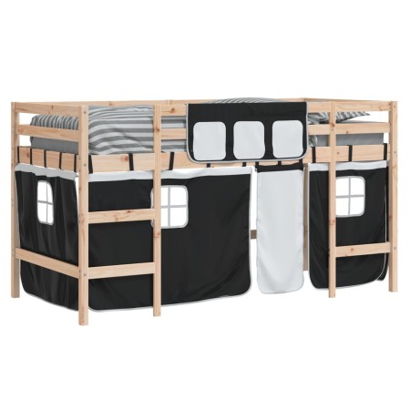 Letto a Soppalco con Tende Bambini Bianco e Nero 90x200 cm Pino