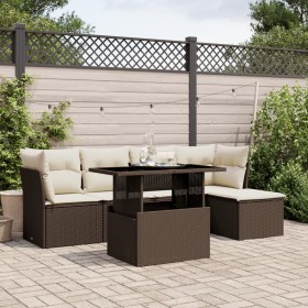 Set Divano da Giardino 6 pz con Cuscini Marrone in Polyrattan