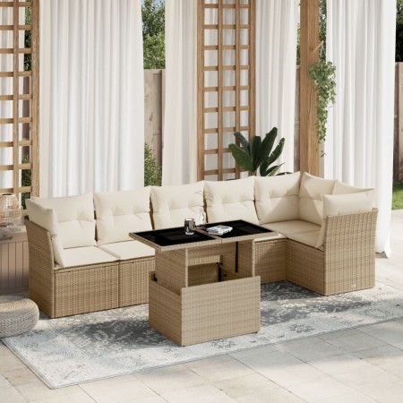 Set Divani da Giardino 7 pz con Cuscini Beige in Polyrattan