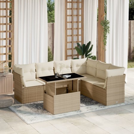 Set Divani da Giardino 7 pz con Cuscini Beige in Polyrattan