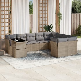 Set Divano da Giardino 10 pz con Cuscini Beige in Polyrattan