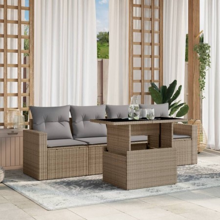 Set Divano da Giardino 5 pz con Cuscini Beige in Polyrattan