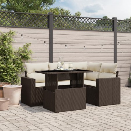 Set Divano da Giardino 5 pz con Cuscini Marrone in Polyrattan