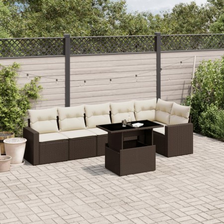 Set Divani da Giardino 7 pz con Cuscini Marrone in Polyrattan