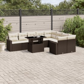 Set Divani da Giardino 10pz con Cuscini in Polyrattan Marrone