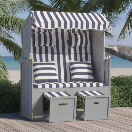 Strandkorb con Cuscini Polyrattan e Legno Massello Blu e Bianco