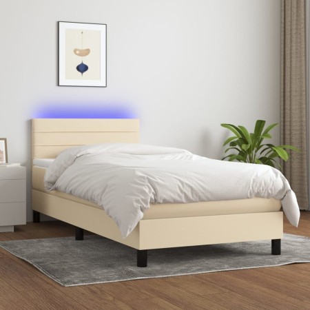 Letto a Molle con Materasso e LED Crema 90x190 cm in Tessuto