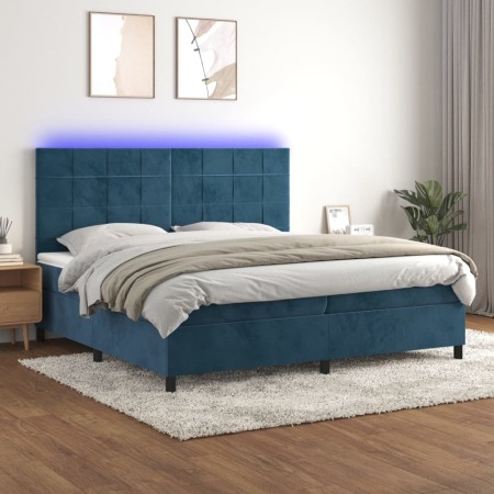 Letto a Molle con Materasso e LED Blu Scuro 200x200 cm