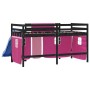 Letto a Soppalco con Tende Bambini Rosa 90x200 cm Massello Pino