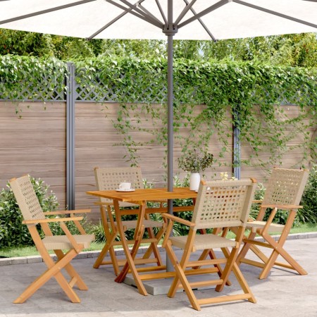 Sedie Giardino Pieghevoli 4pz Beige Polyrattan e Legno Massello