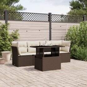 Set Divano da Giardino 5 pz con Cuscini Marrone in Polyrattan