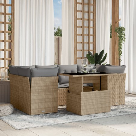 Set Divani da Giardino 7 pz con Cuscini Beige in Polyrattan