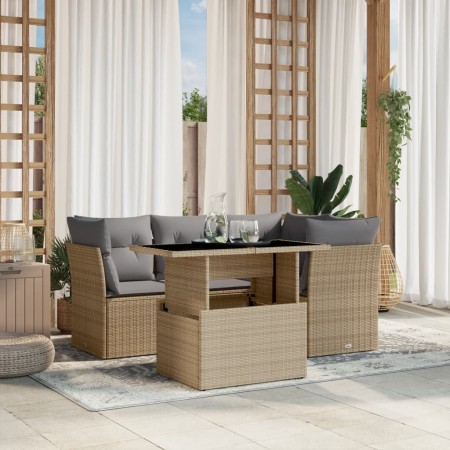 Set Divano da Giardino 5 pz con Cuscini Beige in Polyrattan