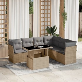 Set Divani da Giardino 7 pz con Cuscini Beige in Polyrattan