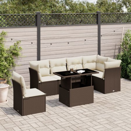 Set Divani da Giardino 7 pz con Cuscini Marrone in Polyrattan