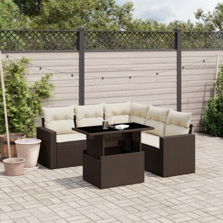 Set Divano da Giardino 6 pz con Cuscini Marrone in Polyrattan