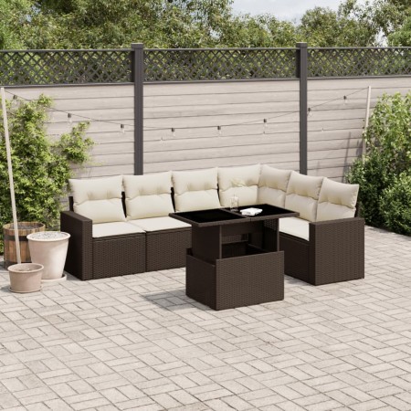 Set Divani da Giardino 7 pz con Cuscini Marrone in Polyrattan