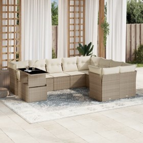 Set Divano da Giardino 10 pz con Cuscini Beige in Polyrattan