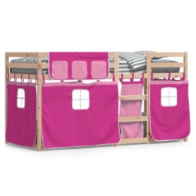 Letto a Castello con Tende Rosa 90x200 cm Legno Massello Pino