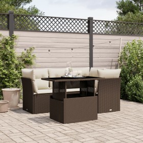 Set Divano da Giardino 5 pz con Cuscini Marrone in Polyrattan