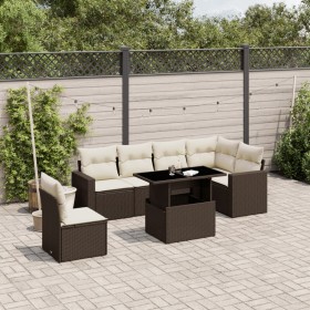 Set Divani da Giardino 7 pz con Cuscini Marrone in Polyrattan