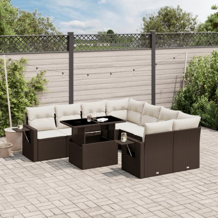 Set Divani da Giardino 9pz con Cuscini Marrone in Polyrattan