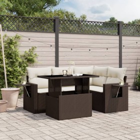 Set Divano da Giardino 5 pz con Cuscini Marrone in Polyrattan