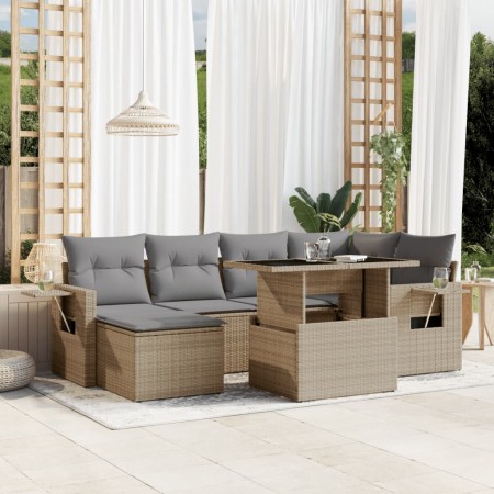 Set Divani da Giardino 7 pz con Cuscini Beige in Polyrattan