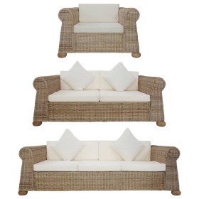 Set di Divani 3 pz con Cuscini in Rattan Naturale