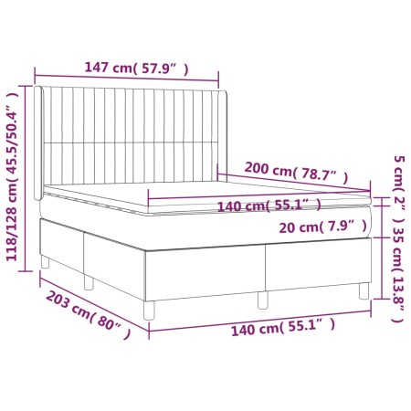 Letto a Molle Materasso e LED Grigio Chiaro 140x200 cm Velluto