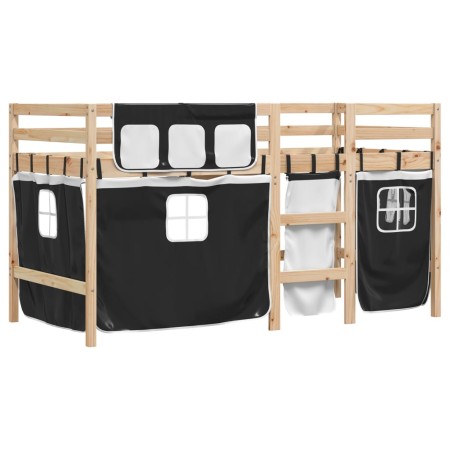 Letto a Soppalco con Tende Bambini Bianco e Nero 80x200 cm Pino