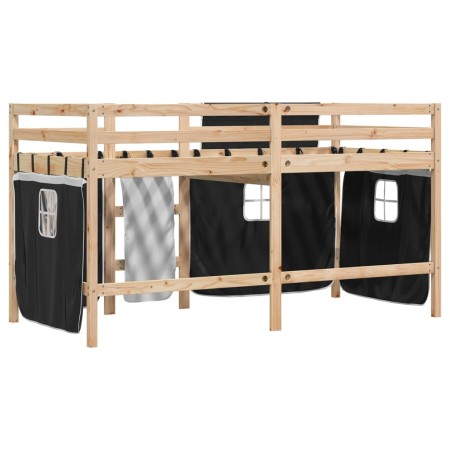 Letto a Soppalco con Tende Bambini Bianco e Nero 80x200 cm Pino