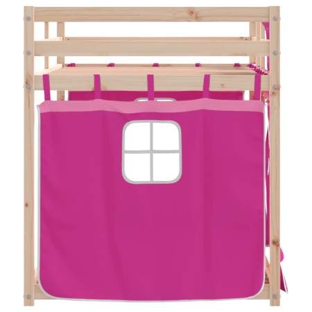 Letto a Castello con Tende Rosa 75x190 cm Legno Massello Pino