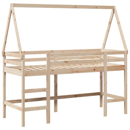 Letto Soppalco con Scala e Tetto 90x190 cm Legno Massello Pino