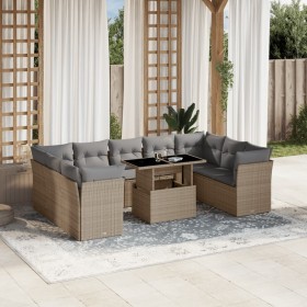 Set Divano da Giardino 10 pz con Cuscini Beige in Polyrattan